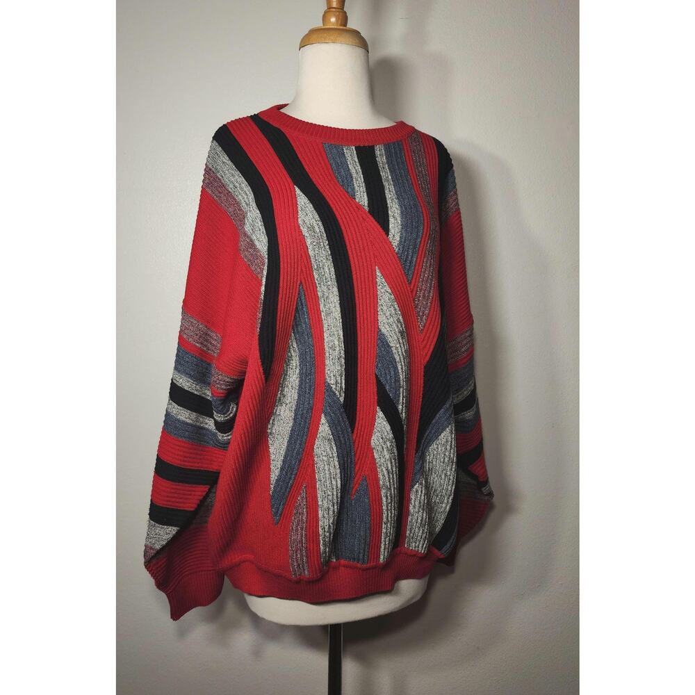 Vintage St. Croix Shop Sweater - Men's L - Bold Red, Black, Grey & Blue Abstract